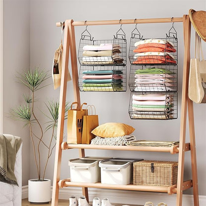 5 Tier Closet Hanging Organizer, Clothes Hanging Shelves with 4 Hanging Hooks 5 S Hooks, Wire Storage Basket Bins, for Clothing Sweaters Shoes Handbags Clutches Accessories Patent Design - Image 7