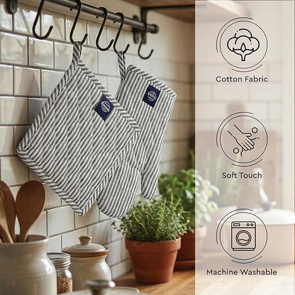 Encasa XO Heat Resistant 100% Cotton Oven Glove & Potholder Set with Loop, Kitchen Cooking Mittens, Microwave Safe Hot Pads (Ticking Black)