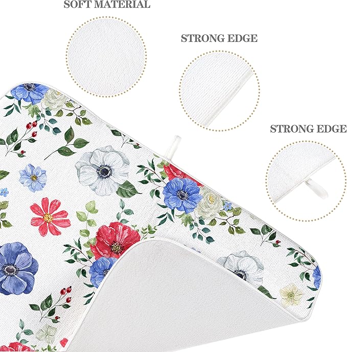 Blue Red Floral Dish Drying Mats 18x24 Inch Independence Day Flower Drying Mats 4th Of July Outdoor Decorations Absorbent Memorial Day Drying Dish Mats for Kitchen Dining Room Counter Decor