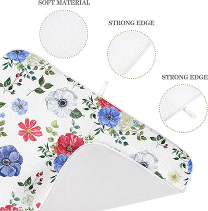 Blue Red Floral Dish Drying Mats 18x24 Inch Independence Day Flower Drying Mats 4th Of July Outdoor Decorations Absorbent Memorial Day Drying Dish Mats for Kitchen Dining Room Counter Decor