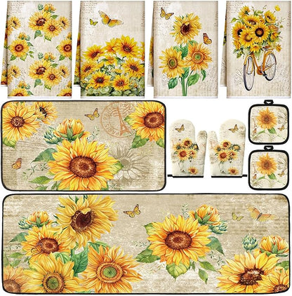 Fourluoo 10 Pcs Sunflower Kitchen Dish Towels Rugs Oven Mitts and Pot Holders Set Farmhouse Kitchen Decor Set for Women Mom Daughter Gift Cooking Baking Grilling (Retro Yellow)