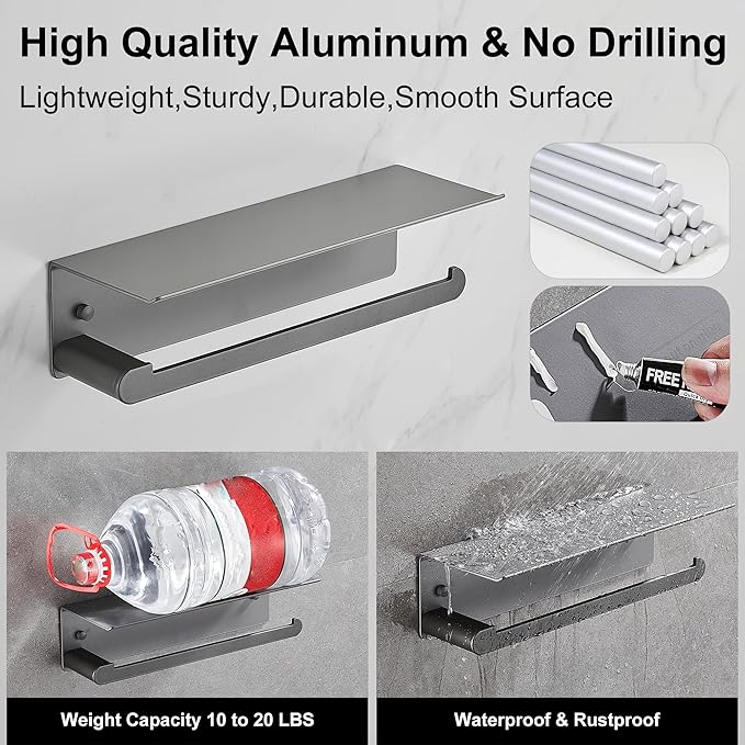 DUFU Paper Towel Holder with Shelf for Kitchen, Paper Towel Holder Wall Mount for Bathroom, Self-Adhesive Anti-Rust Aluminum, No Drill or Wall-Mounted with Screws (Grey)