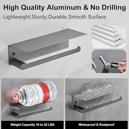 DUFU Paper Towel Holder with Shelf for Kitchen, Paper Towel Holder Wall Mount for Bathroom, Self-Adhesive Anti-Rust Aluminum, No Drill or Wall-Mounted with Screws (Grey)