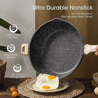 CAROTE 12.5 Inch Nonstick Deep Frying Pan with Lid, 6.5 Qt Jumbo Cooker Saute Pan with Pour Spout, Skillet Induction Cookware, Non Stick Cooking Pan PFOA Free, Classic Granite - Image 3