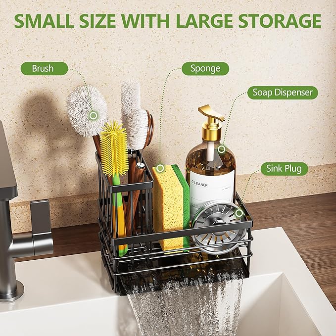 Cisily Sink Caddy Sponge Holder for Kitchen with Brush Holder and Stainless Steel Self Drain Tray, Rustproof Kitchen Sink Organizer for Sponge, Soap Dispenser Storage Accessories (Black) - Image 5