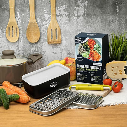 Cheese Grater with Container and Lid & Peeler Set - Vegetable Fruit Multi-Function Stainless Steel Kitchen Utensil Kit with Black Food Plastic Storage Stable Box - Hand Chopper Graters & Peelers - Image 3