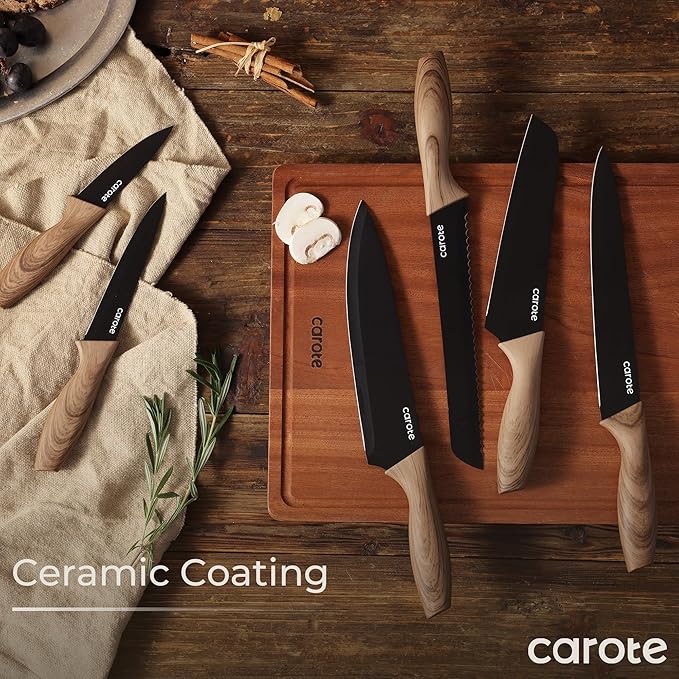 CAROTE 12PCS Knife Set, Stainless Steel Kitchen Knife Set with Nonstick Ceramic Coating, 6 Knives with Blade Guards, Rustproof, Easy-Clean, Black - Image 6