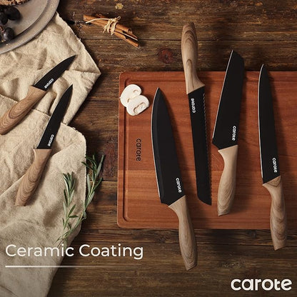 CAROTE 12PCS Knife Set, Stainless Steel Kitchen Knife Set with Nonstick Ceramic Coating, 6 Knives with Blade Guards, Rustproof, Easy-Clean, Black - Image 6