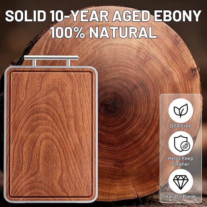 Titanium Cutting Boards For Kitchen,Ebony Wood Cutting Board,Double Sided Metal Chopping Board With Handle And Juice Groove, Idea Kitchen Appliances For Meat And Charcuterie - Image 4
