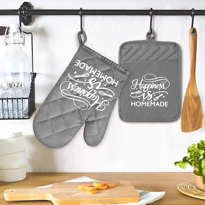 GROBRO7 6Pcs Cotton Oven Mitts and Pot Holders Set Happiness is Homemade Heat Resistant Hot Pad Machine Washable Microwave Gloves with Hanging Loop Pocket Potholder for Kitchen Baking Cooking Grilling - Image 5