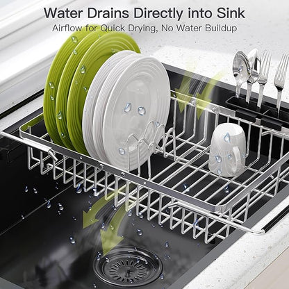 Expandable Stainless Steel Dish Drying Rack Over The Sink For Small Kitchen, Counter Space Saving Compact Metal Plate Drainer Strainer, Adjustable Hanging Inside Sink Rust Proof Wire Dryer Holder - Image 6