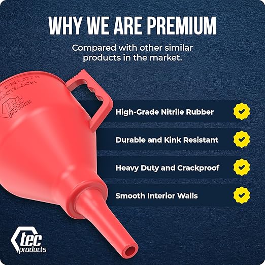 TEC Products FlexAll Short Neck Funnel - Flexible Funnel w/Hose for Automotive Use - Durable Nitrile Rubber - Car Oil Change, Transmission Fluid, Diesel, Gas - USA Made - Large (11 x 5.73 Inches)