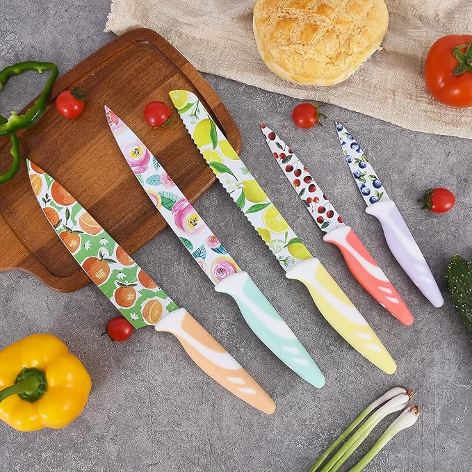 UPTRUST 10-piece Stainless Steel Kitchen Knife Set, Nonstick Coated with 5 Blade Guard, Multicolored Knives Set Gift for Mom - Image 5