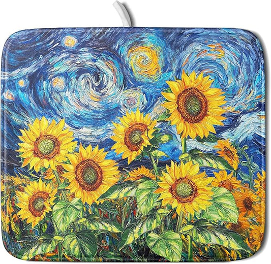 Sunflower Dish Drying Mat for Kitchen Counter 18x16 Inch Starry Night Drying Mat with Absorbent Reversible Microfiber Farmhouse Floral Dish Drainer Mats Rack Pad for Coffee Countertop Protector