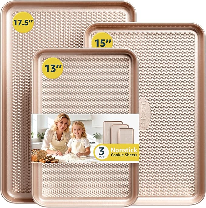 3Pcs Baking Sheet Pan Set, Large Nonstick Cookie Sheets Set, Jelly Roll Pans, Heavy Duty Carbon Steel Cookies Sheet for Oven, Diamond Texture, Gold by SlowSLog