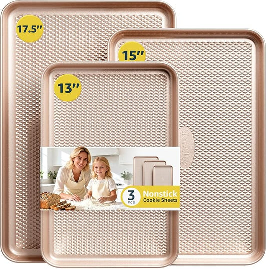 3Pcs Baking Sheet Pan Set, Large Nonstick Cookie Sheets Set, Jelly Roll Pans, Heavy Duty Carbon Steel Cookies Sheet for Oven, Diamond Texture, Gold by SlowSLog