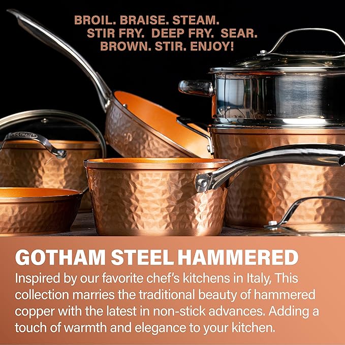 Gotham Steel Hammered Frying Pan Set, 3 Piece Nonstick Copper Fry Pans, 8”, 10” & 12” Skillet, Omelet Pan, Cookware, PFOA Free, Dishwasher Safe, Cool Touch Handle - Image 2