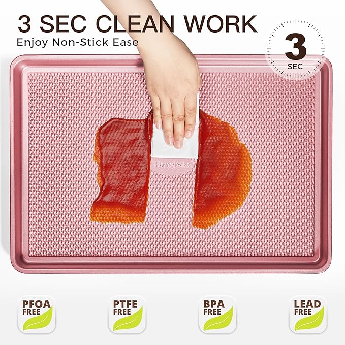HONGBAKE Baking Sheet Pan Set, Cookie Sheets for Oven, Nonstick Half/Quarter/Jelly Roll Pans with Diamond Texture Pattern, Heavy Duty Cookie Tray, Pink - Image 6