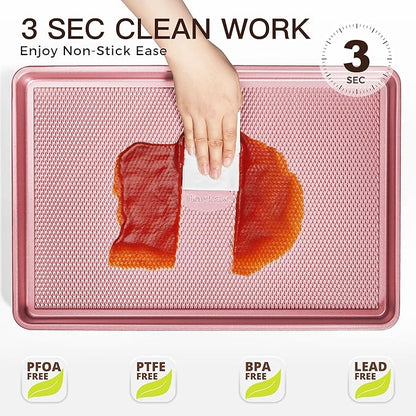 HONGBAKE Baking Sheet Pan Set, Cookie Sheets for Oven, Nonstick Half/Quarter/Jelly Roll Pans with Diamond Texture Pattern, Heavy Duty Cookie Tray, Pink - Image 6