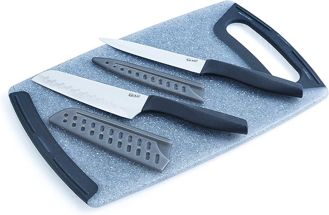 Glad Knife Set with Cutting Board, 5 Pieces | Sharp Santoku and Utility Knives with Blade Covers and Plastic Chopping Block | Kitchen Cooking Accessories