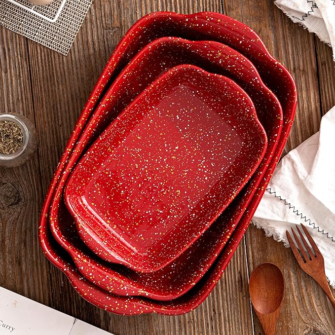 3-Pack Ceramic Lasagna Pan,Heavy-Duty Rectangular Baking Dishes, High Heat Resistant Oven-Safe Stoneware Casserole with Handles,Home Baking,Speckle Series(13.8''/12''/9.6'' Red) - Image 3