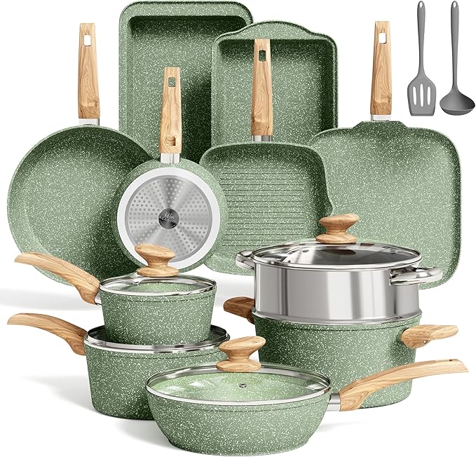 MAISON ARTS 17 Piece Pots and Pans Set Non Stick, Kitchen Cookware Sets with Nonstick Granite Stone Coating, Suitable for Induction Cooktops, Green by MAISONARTS