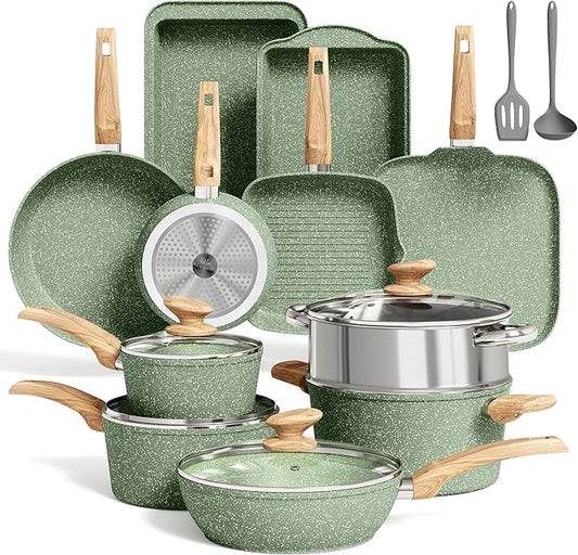 MAISON ARTS 17 Piece Pots and Pans Set Non Stick, Kitchen Cookware Sets with Nonstick Granite Stone Coating, Suitable for Induction Cooktops, Green by MAISONARTS