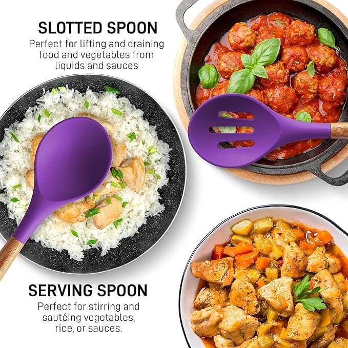 Zulay Kitchen Non-Stick Cooking Utensils Set with Authentic Acacia Wood Handles – 5-Piece Durable & Stylish Silicone Kitchen Utensils Set – Heat Resistant to 464°F – Purple - Image 4