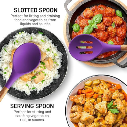 Zulay Kitchen Non-Stick Cooking Utensils Set with Authentic Acacia Wood Handles – 5-Piece Durable & Stylish Silicone Kitchen Utensils Set – Heat Resistant to 464°F – Purple - Image 4