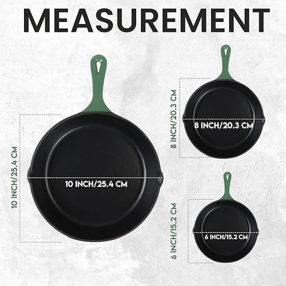 Utopia Kitchen Cast iron Skillets 3 Piece Set, Chefs Pan, Pre Seasoned Cast iron Skillets, 6, 8 & 10 Inches, Easy Use in the Oven, Stove, Grill, or Campfire, Green - Image 2