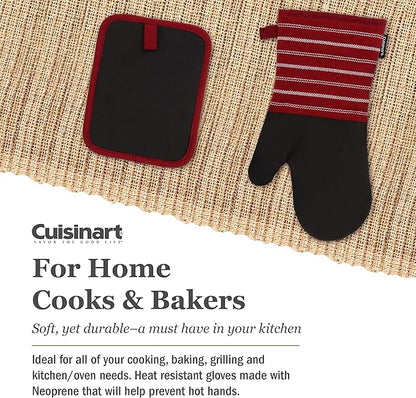 Cuisinart Neoprene Oven Mitts and Potholder Set-Heat Resistant Oven Gloves to Protect Hands and Surfaces with Non-Slip Grip, Hanging Loop-Ideal for Handling Hot Cookware Items, Twill Stripe Red Dahlia
