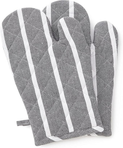 Encasa XO Long 12"x7" Oven Microwave Hand Gloves Mitts (2 pc Set) for Kitchen Cooking & Baking - Heat Resistant, Thick & Safe, Protection of Hands from Hot Utensils - Roma Grey Stripes
