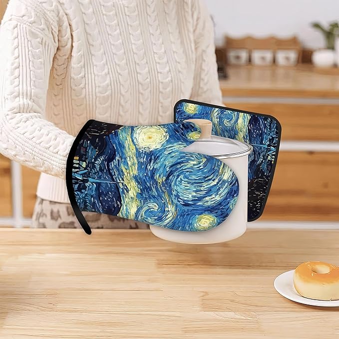The Starry Night Oven Mitts and Pot Holders Kitchen Cooking Gloves 2 Pcs Set Heat Resistant Pad for Baking BBQ Home Decor