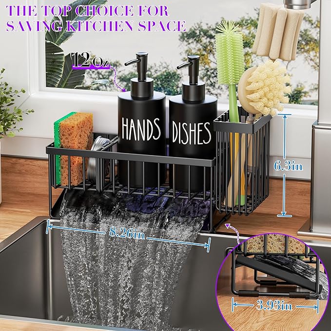 MASADI Kitchen Dish Soap Dispenser Set with Sponge Holder, 12OZ Glass Bottle, Hand and Dish Soap Dispenser Set, Non-Slip Silicone Pad, Brush Holder, Kitchen Sink Organizer Countertop (Black) - Image 7