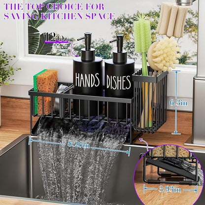 MASADI Kitchen Dish Soap Dispenser Set with Sponge Holder, 12OZ Glass Bottle, Hand and Dish Soap Dispenser Set, Non-Slip Silicone Pad, Brush Holder, Kitchen Sink Organizer Countertop (Black) - Image 7