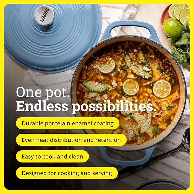 Lodge 3 Quart Enameled Cast Iron Dutch Oven with Lid – Dual Handles – Oven Safe up to 500° F or on Stovetop - Use to Marinate, Cook, Bake, Refrigerate and Serve – Storm Blue - Image 2