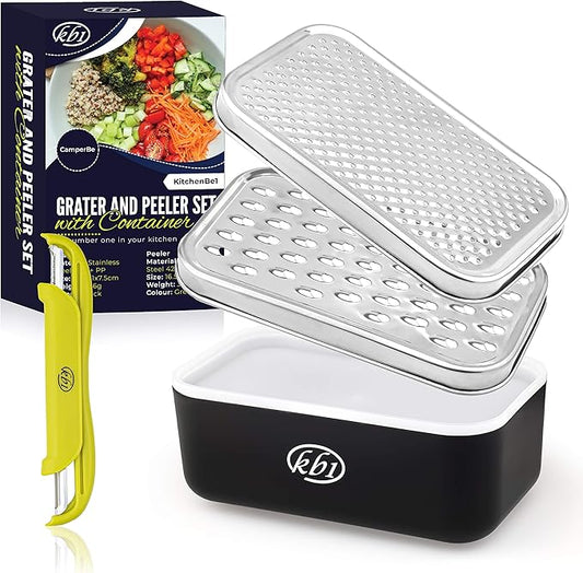 Cheese Grater with Container and Lid & Peeler Set - Vegetable Fruit Multi-Function Stainless Steel Kitchen Utensil Kit with Black Food Plastic Storage Stable Box - Hand Chopper Graters & Peelers by KitchenBe1