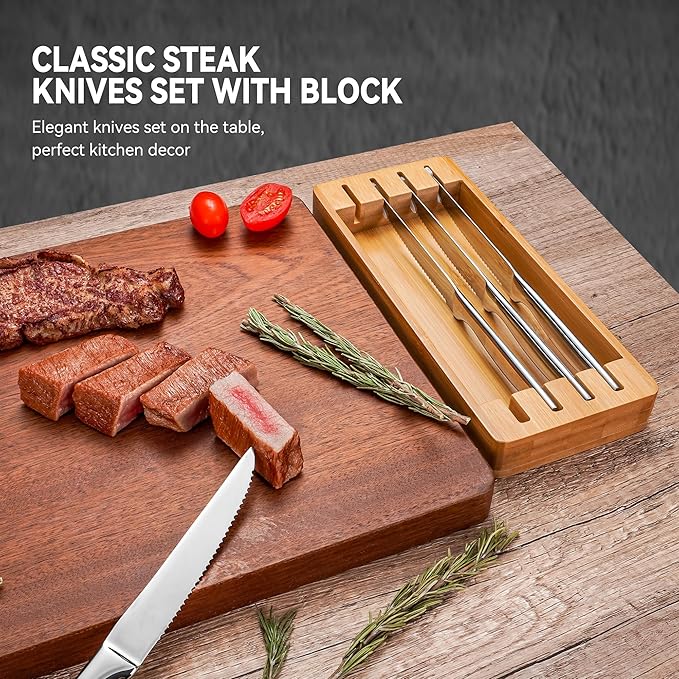 Serrated Steak Knife Set of 8 with Block Holder, Steak Knife with Storage Box Drawer Insert Organizer Bamboo Case, Dishwasher Safe, Silver