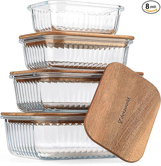Set of 4 Stackable Space-Saving Nesting Glass Bowls with Airtight Acacia Lids for Lunch, Meal & Food Prep - Microwave & Oven-ready BPA Free Durable Heat Resistant Inert Borosilicate Glass by Dokaworld