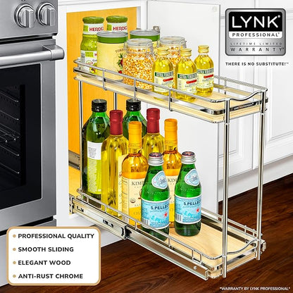 LYNK PROFESSIONAL® Élite™ Pull Out Spice Rack Organizer for Inside Kitchen Cabinets - 6" x 21" - Slide Out Drawer – Wood/Chrome Sliding Spice Organization for cabinet - Spice Racks - 2 Tier - Image 2
