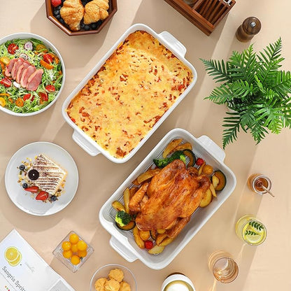 MALACASA Baking Dish with Rack, 4.8 Qt Ceramic Roasting Pan with Stainless Steel Drip Rack, 9x13 Inch Deep Casserole Dish with Handles, Oven Safe Lasagna Pan for Baking & Serving (Khaki & White) - Series Tara - Image 7