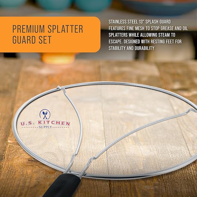 U.S. Kitchen Supply Stainless Steel Splatter Guard 13" Fine Mesh Cover, Grease & Oil, Splatter Screen for Frying Pan, Cooking Pots, with Resting Feet & Comfort Grip Handle - Image 3