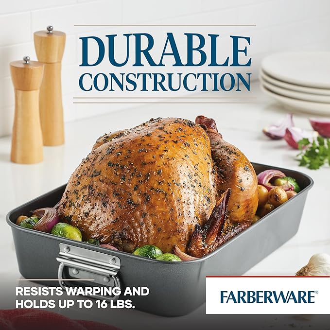 Farberware Bakeware Nonstick Steel Roaster with Flat Rack, 11-Inch x 15-Inch, Gray - Image 5