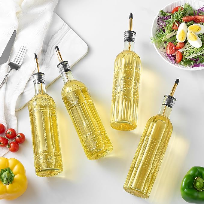 4 Pcs Olive Oil Dispenser Bottle for Kitchen,17oz Clear Glass Oil and Vinegar Dispenser Bottle Set, Classic Coffee Syrup Dispenser with 4 Stainless Steel Spouts and 1 Funnel (Round) - Image 4