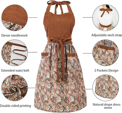 Cute Floral Aprons for Women with Pockets,Cotton Adjustable Neck Strap Apron for Kitchen Cooking Baking Gardening