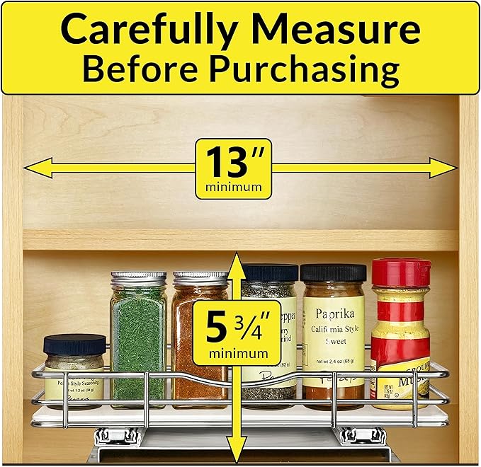LYNK PROFESSIONAL® Pull Out Spice Organization for Cabinets - 12-3/8 inch Wide – Spice Rack for Inside Cabinets, Slide Out Spice Rack Organizer for cabinet – Pull Out Spice Rack, Sliding 1 Tier Chrome - Image 4