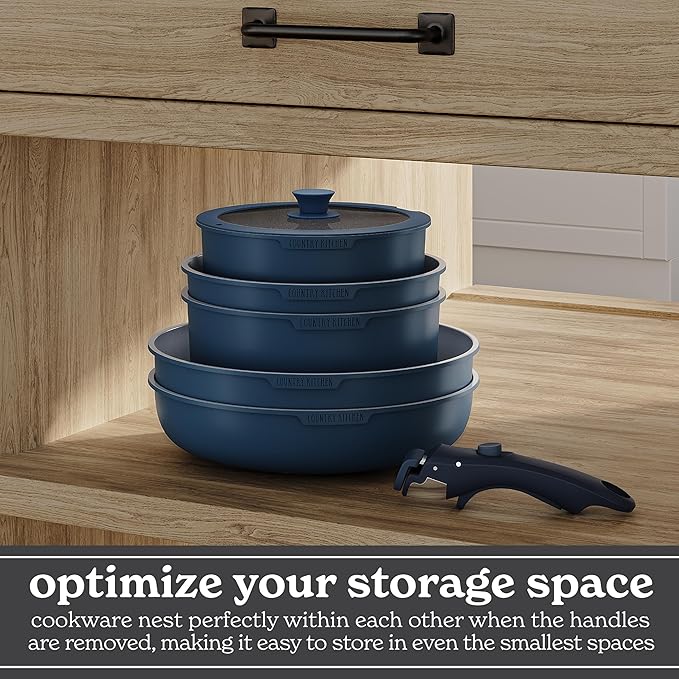 Country Kitchen Cookware Set with Removable Handle, Oven & RV Safe Pots and Pans Set, Denim, Original - Image 5