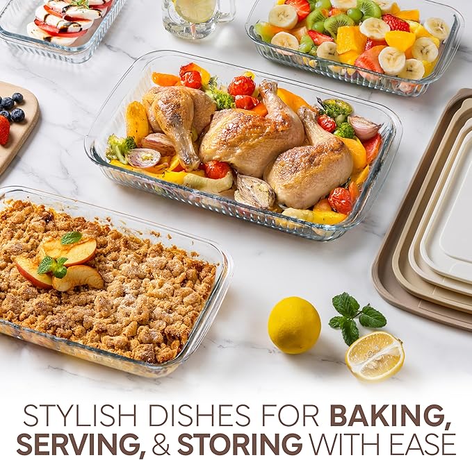COOK WITH COLOR 8-Piece Deep Glass Baking Dish Set with Plastic Lids – Casserole and Food Storage Containers for Lasagna, Leftovers – Freezer-to-Oven, Microwave & Dishwasher Safe, Brown - Image 4