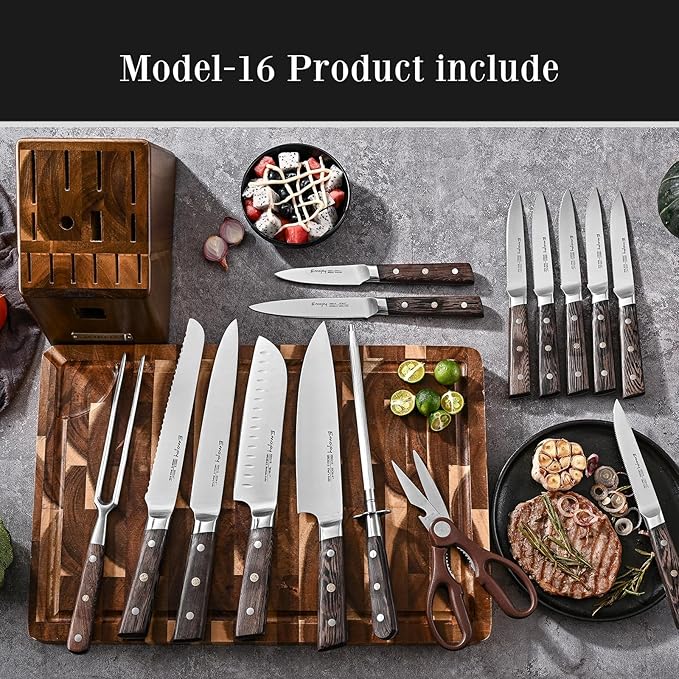 Knife Set, Emojoy 16-Piece Kitchen Knife Set with Block, Knife Block Set with Kitchen Shears and Sharpener, High Carbon German Steel(Natural Wenge)