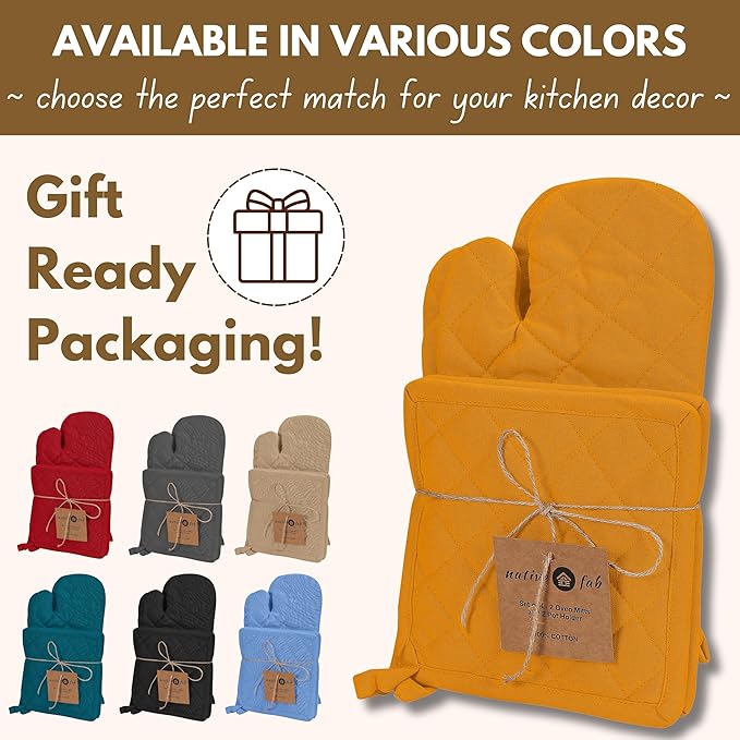 Native Fab 4 Piece Set - 2 Oven Mitts & 2 Potholders, Heat Resistant, 100% Cotton, Quilted Design, Non-Slip Grip, Machine Washable, Ideal for Baking, Cooking, BBQ, Kitchen Protection - Mustard Yellow - Image 7
